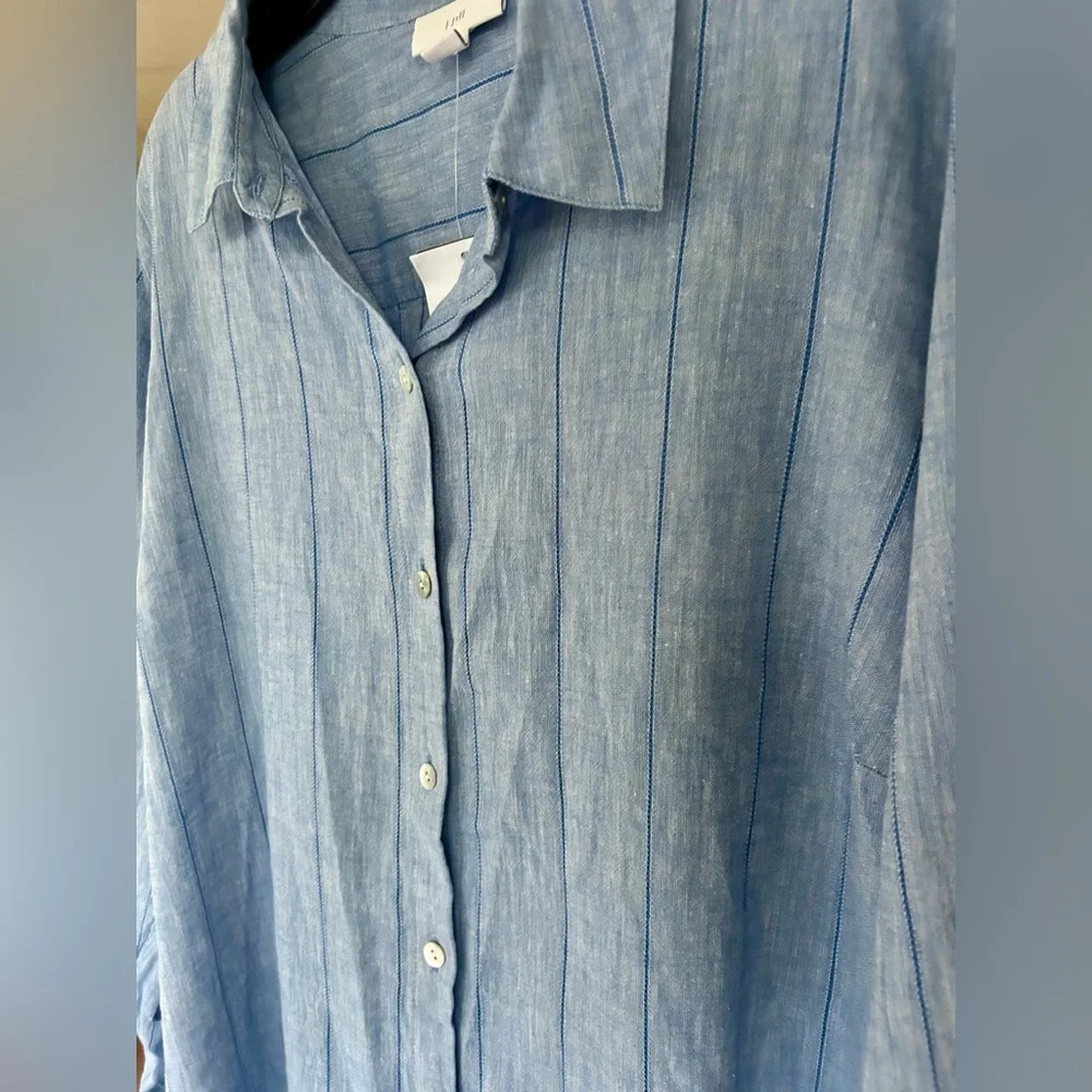 NWT J. JILL Blue Linen Stripe Long Sleeve Button Down Shirt Classic Office | XLP - Picture 6 of 16